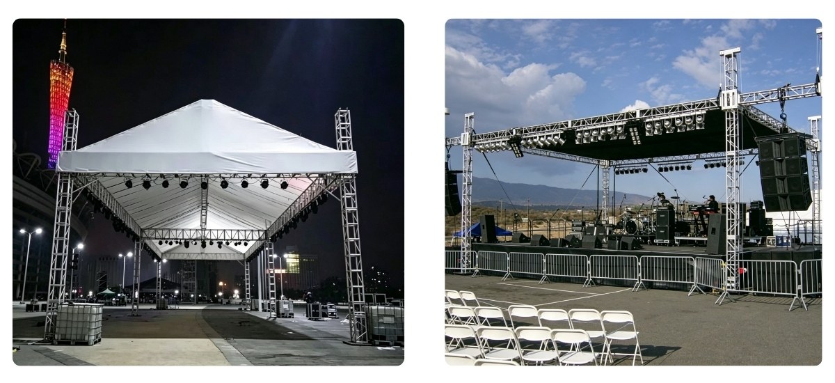 Small stage lighting grid using 12x12 inch aluminum bolt truss