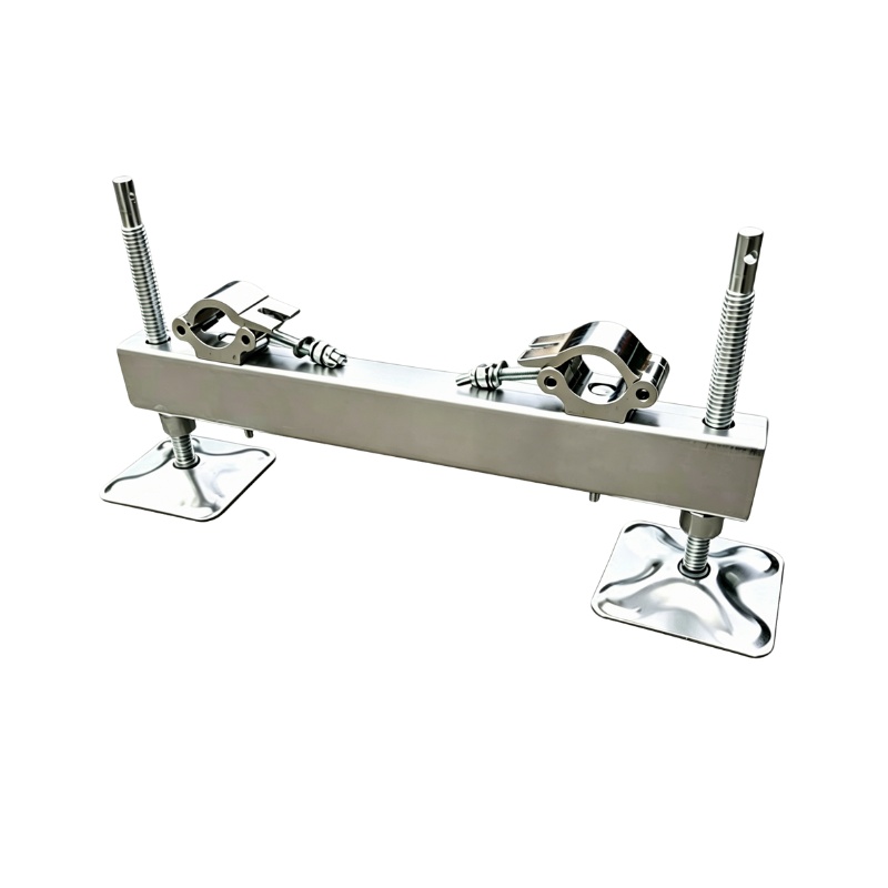 Adjustable leveling feet for stabilizing truss towers on uneven outdoor terrain