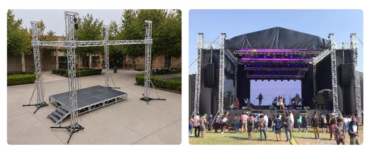 Aluminum event truss tower system with outriggers for outdoor stages live festivals setup