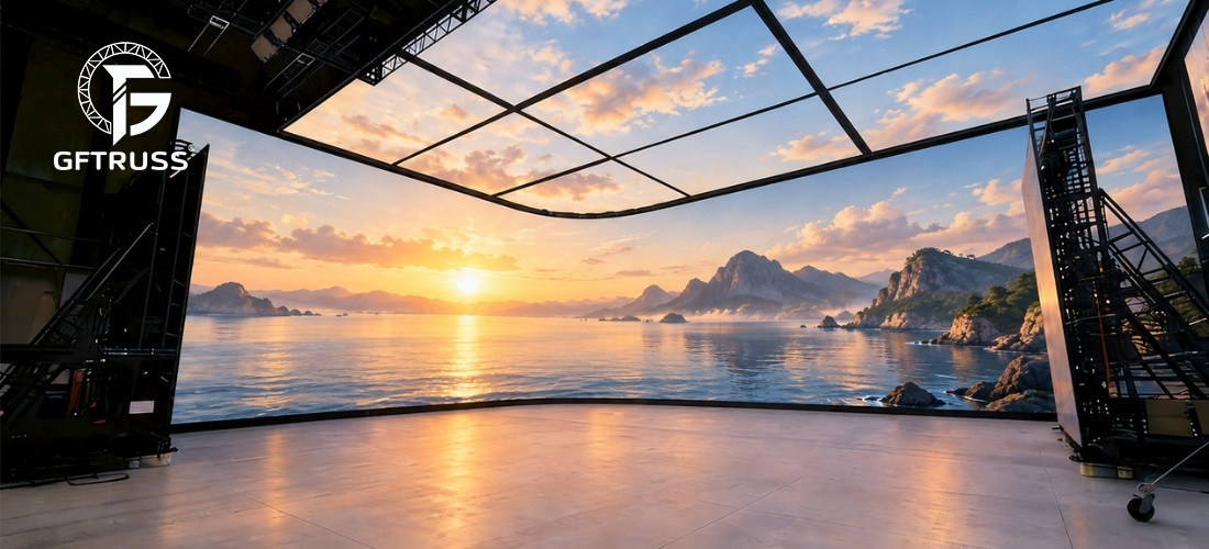 Large curved LED video wall ground support structure
