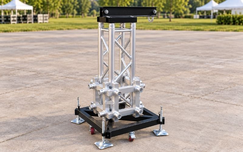 Steel ground support base for spigot truss pillars in stage concert structures